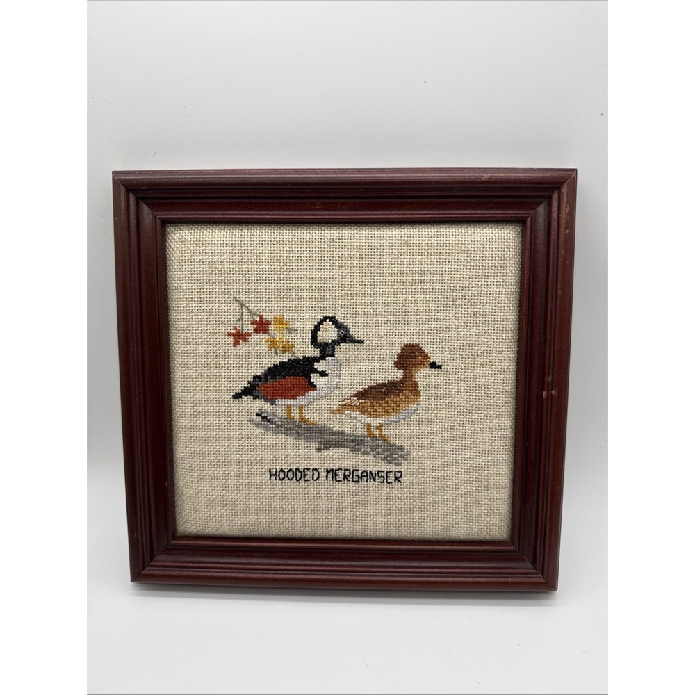 Framed Finished Cross Stitch Merganser Duck  Needlework Picture Wall Art Decor